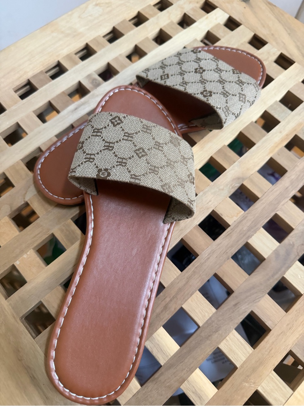 Beige Patterned Slide Sandals with Brown Footbed - Women